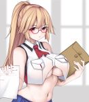  1girl absurdres alternate_hairstyle bespectacled blonde_hair breast_pocket breasts brooklyn_(kancolle) cropped_jacket folder glasses highres holding holding_folder holding_paper jacket jiangyou_dang kantai_collection large_breasts long_hair navel paper pocket ponytail red-framed_eyewear red_eyes semi-rimless_eyewear sleeveless sleeveless_jacket solo under-rim_eyewear upper_body white_jacket 