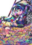  1girl absurdres animal blue_eyes bug butterfly colorful field flower flower_field formal hands_up hatsune_miku highres holding holding_flower kasaki_sakura long_hair long_sleeves multicolored_hair necktie red_flower saihate_(vocaloid) sitting solo surreal symbolism twintails vocaloid white_background zebra 