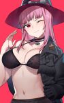  1girl bingsardina black_bra black_gloves black_jacket bra breasts choker closed_mouth cowboy_hat cowboy_western gloves hat highres hololive hololive_english jacket large_breasts long_hair mori_calliope navel one_eye_closed open_clothes open_jacket pink_background pink_eyes pink_hair simple_background single_glove solo star_(symbol) stomach sweatdrop underwear 