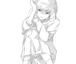  1girl check_copyright closed_mouth collared_shirt copyright_request curled_up greyscale hand_on_own_chest hand_on_own_face kneehighs long_sleeves monochrome original pants partially_colored pink_eyes ranko_no_ane shirt short_hair sketch smile socks wavy_mouth white_background 