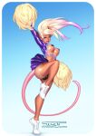  absurd_res animal_humanoid blonde_hair bottomwear bouncing_breasts breasts bulge cheerleader cheerleader_outfit cheerleading_pose clothing hair hi_res humanoid latex_outfit lips looking_at_viewer makeup open_mouth pasties ponytail skirt stacey_(toast-arts) tail upskirt 
