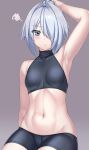  1girl abs arm_up armpits bare_arms bare_shoulders bike_shorts black_shorts blue_eyes collarbone commentary_request covered_collarbone grey_background grey_hair hair_intakes hair_over_one_eye highres long_hair looking_at_viewer myouan navel original parted_lips ponytail short_shorts shorts simple_background sitting solo squiggle 