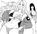  2girls absurdres american_flag_bikini american_flag_swimsuit bb_(baalbuddy) bikini blunt_bangs bomber_jacket breasts cleavage commentary curvy english_commentary flag_print fourth_of_july front-tie_bikini_top front-tie_top girls_und_panzer greyscale hands_on_own_hips highres jacket kay_(girls_und_panzer) large_breasts linea_alba long_hair military_vehicle monochrome motor_vehicle multiple_girls navel nishizumi_shiho one-piece_swimsuit open_clothes open_jacket plunging_neckline straight_hair swimsuit tank teeth underboob upper_teeth_only 