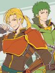  2boys armor blonde_hair eifilet fire_emblem fire_emblem:_the_sacred_stones forde_(fire_emblem) green_eyes green_hair highres holding holding_polearm holding_weapon kyle_(fire_emblem) looking_at_viewer multiple_boys polearm ponytail weapon 