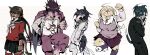  2girls 3boys absurdres ahoge akamatsu_kaede animal_ears arm_up black_hair black_sailor_collar black_skirt blonde_hair bow bowtie breasts brown_hair cat_ears cat_girl cat_tail checkered_clothes checkered_scarf clenched_hand danganronpa_(series) danganronpa_v3:_killing_harmony dog_boy dog_ears dog_tail from_side furry furry_female furry_male grey_bow grey_bowtie grey_jacket grey_pants hair_ornament hair_scrunchie hands_up harukawa_maki highres horse_boy horse_ears horse_tail jacket keropi_frog large_breasts long_hair miniskirt momota_kaito multiple_boys multiple_girls oma_kokichi open_clothes open_shirt pants pink_eyes pink_jacket pink_pants plaid plaid_skirt pleated_skirt print_shirt purple_hair rabbit_girl red_scrunchie red_shirt red_thighhighs saihara_shuichi sailor_collar scarf scrunchie shirt short_hair skirt striped striped_jacket striped_pants tail thighhighs twintails white_background white_shirt wolf_boy wolf_ears wolf_tail 