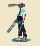  1boy black_necktie black_pants blending chainsaw chainsaw_man collared_shirt denji_(chainsaw_man) full_body highres light_brown_background necktie pants profile shirt shirt_tucked_in shoes signature solo standing syooooyoooo white_footwear 