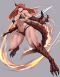  1girl abs absurdres anagumasan bikini black_bikini breasts claws commission dragon_claw dragon_girl dragon_horns dragon_tail eyepatch fire full_body grey_background grin head_tilt highres holding holding_sword holding_weapon horns large_breasts long_hair looking_at_viewer monster_girl multi-strapped_bikini muscular muscular_female navel o-ring o-ring_top open_hand orange_eyes orange_hair original pixiv_commission scar_on_shoulders simple_background smile solo stomach swimsuit sword tail thick_thighs thighs underboob weapon 