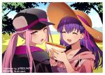  black_jacket blue_sky bow fate/grand_order fate_(series) food grass hair_bow happy hat holding holding_food hood hoodie jacket long_hair matou_sakura medusa_(fate) medusa_(saber)_(fate) meiji_ken open_mouth overalls pink_bow pink_hoodie ponytail purple_hair sandwich sidelocks sky smile straw_hat tree 