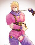  2boys blonde_hair collar commentary_request dio_brando ear_birthmark fingerless_gloves gloves grm_jogio highres holding holding_leash jojo_no_kimyou_na_bouken jonathan_joestar leash leash_pull male_focus multiple_boys muscular muscular_male pectorals phantom_blood purple_scarf scarf short_hair smile suspenders undressing yaoi yellow_eyes 