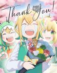  3girls :d ^_^ absurdres amano_pikamee black_hairband blonde_hair blurry blurry_background blush_stickers bouquet cherry_blossoms closed_eyes colored_inner_hair commentary crying diagonal-striped_necktie dinosaur_hood doughnut drawstring english_commentary english_text fiaru flower food green_eyes green_hair green_hoodie green_nails green_vest hairband highres holding holding_bouquet hood hood_up hoodie kettle long_sleeves multicolored_hair multiple_girls multiple_persona necktie red_flower red_necktie red_rose rose sharp_teeth shirt short_hair smile spatula teeth tomoe_(amano_pikamee) upper_body upper_teeth_only vest virtual_youtuber voms white_flower white_rose white_shirt wing_collar 