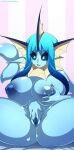  2023 5_fingers absurd_res anthro areola biped blue_areola blue_body blue_hair blue_nipples blue_pussy breasts eeveelution female fingers front_view generation_1_pokemon genitals hair hi_res holding_breast masturbation nintendo nipples open_mouth open_smile pokemon pokemon_(species) pokemorph pussy sagestrike2_(artist) smile solo spread_legs spread_pussy spreading vaginal vaginal_masturbation vaporeon 