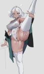  1girl after_sex after_vaginal arm_around_leg arm_support asticassia_school_uniform breasts clothing_aside condom covered_nipples cum cum_on_hair cumdrip dark-skinned_female dark_skin expressionless facial feet_out_of_frame godekasu gundam gundam_suisei_no_majo halter_leotard halterneck hand_up highres large_breasts leotard leotard_aside looking_at_viewer off_shoulder pussy school_uniform secelia_dote short_hair skindentation solo standing standing_on_one_leg stray_pubic_hair sweat thighhighs thighs used_condom v white_leotard white_thighhighs 