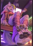  2023 4_toes absurd_res anthro canid canine canis claws clothing digital_media_(artwork) duo extreme_size_difference eyebrows eyewear feet female fingers five_nights_at_freddy&#039;s five_nights_at_freddy&#039;s:_security_breach foot_fetish glamrock_chica_(fnaf) hair hi_res holding_object long_hair mammal micro open_mouth pawpads roxanne_wolf_(fnaf) rz54 scottgames size_difference steel_wool_studios toe_claws toes wolf 