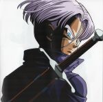  1boy absurdres back blue_eyes closed_mouth dragon_ball dragon_ball_z highres jacket light official_art purple_hair purple_jacket shadow simple_background solo sword trunks_(dragon_ball) trunks_(future)_(dragon_ball) weapon white_background 