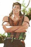  11114tai baldur&#039;s_gate brown_hair crossed_arms elf facial_tattoo grin hair halsin_(baldur&#039;s_gate) hi_res humanoid humanoid_pointy_ears long_hair male muscular muscular_humanoid muscular_male scar sleeveless smile solo tattoo 