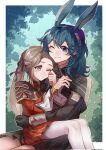  2girls aged_down animal_ears blue_eyes brown_hair byleth_(female)_(fire_emblem) byleth_(fire_emblem) dress edelgard_von_hresvelg fake_animal_ears fire_emblem fire_emblem:_three_houses garreg_mach_monastery_uniform hair_ribbon hand_on_another&#039;s_waist highres hug medium_hair moyibzs multiple_girls one_eye_closed outdoors pantyhose purple_eyes rabbit_ears red_dress ribbon rubbing_eyes sitting sitting_on_lap sitting_on_person skirt twintails white_pantyhose 