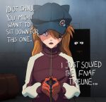  1boy 1girl absurdres blue_eyes chimeraenvy commentary crossover english_commentary english_text eyepatch five_nights_at_freddy&#039;s freddy_fazbear gloves highres jacket long_hair neon_genesis_evangelion orange_hair rebuild_of_evangelion red_gloves red_jacket souryuu_asuka_langley steepled_fingers turtleneck turtleneck_jacket two-tone_gloves 