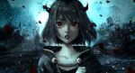  1girl black_bulls_(emblem) black_capelet black_clover black_hair black_horns black_lips bob_cut capelet demon_horns horns red_eyes sebijy1 secre_swallowtail short_hair solo upper_body 