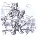  0laffson ambiguous_gender amphibian anthro arrow_(weapon) biped bottomwear cheetah clothing duo english_text felid feline feral fingers frog fur grass hi_res loincloth male mammal monochrome plant quadruped ranged_weapon spots spotted_body spotted_fur tail text thought_bubble weapon 
