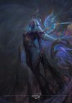  1girl absurdres alternate_skin_color artist_name blue_skin breasts colored_skin dawnbringer_soraka floating_headgear full_body glowing glowing_eyes gold_trim headgear highres league_of_legends long_hair pointy_ears saturn_(satscarlet) small_breasts solo standing very_long_hair white_hair yellow_eyes 