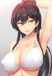  1girl arm_up armpits bare_shoulders bikini black_hair blush breasts cleavage collarbone covered_nipples earrings gradient_background grey_background hair_between_eyes high_ponytail idolmaster idolmaster_shiny_colors jewelry large_breasts long_hair looking_at_viewer open_mouth ponytail shin&#039;yashiki shirase_sakuya simple_background smile solo sparkle sweat swimsuit underboob upper_body white_bikini yellow_eyes 