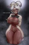  1girl aelion_draws backless_outfit black_gloves blush bodysuit breasts bust_measuring covered_navel eyeshadow eyewear_on_head glasses gloves hair_bun hair_ornament hair_stick highres large_breasts looking_at_viewer makeup measuring purah red-framed_eyewear red_eyes red_eyeshadow round_eyewear sheikah skin_tight solo tape_measure the_legend_of_zelda the_legend_of_zelda:_tears_of_the_kingdom thick_thighs thighs white_hair wide_hips 
