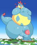  &lt;3 absurd_res anthro balls big_balls blue_body blush croconaw eating eyes_closed generation_2_pokemon genitals giga hi_res humanoid_genitalia humanoid_penis kify landscape_dwarfing macro male nintendo overweight overweight_anthro overweight_male penis pokemon pokemon_(species) solo stomping thick_thighs yellow_body 