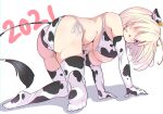  1girl 2021 all_fours amatsuka_mikoto animal_ears animal_print ass bikini blonde_hair breasts cleavage cow_ears cow_print elbow_gloves fake_animal_ears from_behind full_body gloves hair_over_one_eye hairband highres kenzuishi large_breasts looking_at_viewer purple_eyes short_hair solo swimsuit thighhighs venus_eleven_vivid! 