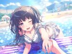  1girl ;d ball bang_dream! bare_shoulders beach beach_umbrella beachball bent_over bikini bikini_skirt black_hair blue_sky blunt_bangs breasts chair city cleavage cloud day fingernails frilled_bikini frills game_cg hair_tie hand_grab inflatable_raft jewelry lens_flare long_hair looking_at_viewer lounge_chair medium_breasts necklace official_art one_eye_closed open_mouth plaid plaid_bikini pov purple_eyes shirokane_rinko shore sky smile solo sunlight swimsuit two_side_up umbrella water wet white_bikini 