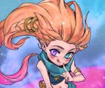 1girl :q armlet bare_arms bare_shoulders blue_background blush braid brown_hair green_background green_eyes green_scarf hair_ornament league_of_legends long_hair multicolored_background multicolored_hair navel phantom_ix_row pink_background pink_hair purple_eyes scarf single_braid smile solo stomach tongue tongue_out zoe_(league_of_legends) 