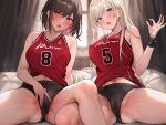  2girls armband basketball_uniform bed bed_sheet blonde_hair breasts brown_hair cameltoe covered_nipples curtains large_breasts long_hair midriff multiple_girls navel on_bed original pillow pussy short_hair sportswear spread_legs spread_pussy spread_pussy_under_clothes steaming_body sweat toned yuyu_(yuyuworks) 