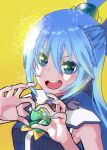  1girl aqua_(konosuba) blue_dress blue_eyes blue_hair blue_nails blue_shirt blush bow bowtie detached_sleeves dress gem glowing glowing_eyes glowing_hair green_bow green_bowtie hair_between_eyes hair_ornament hair_rings happy heart heart_hands highres kono_subarashii_sekai_ni_shukufuku_wo! light_blush long_hair looking_at_viewer open_mouth ryderlt shirt simple_background single_hair_ring sleeveless smile smiley_face solo teeth upper_teeth_only very_long_hair 