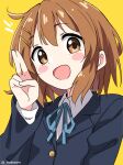  1girl :d artist_name blazer blue_jacket blue_ribbon blush_stickers brown_eyes brown_hair collared_shirt commentary hair_between_eyes hair_ornament hairclip hirasawa_yui jacket k-on! looking_at_viewer neck_ribbon open_mouth ribbon sakuragaoka_high_school_uniform school_uniform shirt short_hair simple_background smile solo symbol-only_commentary teabeam twitter_username upper_body watermark white_shirt winter_uniform yellow_background 