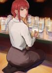  1girl absurdres alcohol beer beer_mug black_pants chainsaw_man cup feet formal highres looking_at_viewer looking_back makima_(chainsaw_man) mug no_shoes pants red_hair ringed_eyes seiza shirt sitting soles toes white_shirt yu_ni_taro 