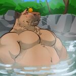  1boy bara big_belly blush capy_(r00ffles) capybara_boy chest_hair chest_tuft commission furry furry_male happy highres large_pectorals male_focus mature_male muscular muscular_male no_nipples nosoyunoso onsen original partially_submerged pectorals pun second-party_source short_hair smile solo steam upper_body whiskers 