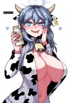  1girl ako_(blue_archive) alternate_costume animal_ears animal_print bell belt_collar blue_archive blue_eyes blue_hair blush bottle breasts collar cow_ears cow_horns cow_print cowbell drooling ear_tag formicid hair_between_eyes halo hand_on_own_cheek hand_on_own_face heart horns huge_breasts jaggy_lines long_hair long_sleeves looking_at_viewer milk milk_bottle mouth_drool neck_bell open_mouth simple_background solo sweat white_background 