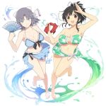  2girls asuka_(senran_kagura) bare_shoulders barefoot bikini black_bow black_hair blue_bikini blue_eyes blush bow breasts brown_eyes cleavage collarbone floral_print folding_fan frilled_bikini frills green_bikini grey_hair groin hair_bow hair_ribbon hand_fan holding holding_clothes holding_fan holding_scarf kandagawa_jet_girls large_breasts looking_at_viewer multiple_girls navel official_art open_mouth paper_fan ponytail red_scarf ribbon salute scarf scarf_removed senran_kagura senran_kagura_estival_versus senran_kagura_shinovi_versus senran_kagura_shoujo-tachi_no_shin&#039;ei shiny_skin short_hair short_ponytail simple_background smile strapless strapless_bikini striped striped_bow swimsuit swimsuit_skirt swirl teeth tongue upper_teeth_only white_background white_bow white_ribbon yaegashi_nan yumi_(senran_kagura) 