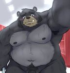  2023 anthro bear belly big_belly black_body black_nose blush bodily_fluids crentonigen cute_fangs detailed_background genitals hi_res kemono male mammal moobs navel nipples overweight overweight_male penis pubes solo sweat 