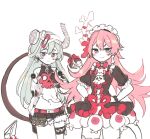  2girls 5rwpvc belt black_dress black_gloves black_shorts blue_eyes blue_hair blush dress frilled_sleeves frills gloves highres honkai_(series) honkai_impact_3rd horns liliya_olenyeva long_hair looking_at_viewer maid_headdress midriff multiple_girls pink_belt pink_hair puffy_short_sleeves puffy_sleeves purple_eyes rozaliya_olenyeva short_sleeves shorts simple_background single_horn sweat thigh_strap very_long_hair white_background 