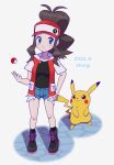  1girl antenna_hair artist_name black_footwear black_shirt black_socks blue_eyes blush boots brown_hair closed_mouth commentary_request cosplay dated eyelashes hand_on_own_hip hat high_ponytail highres hilda_(pokemon) jacket knees long_hair open_clothes open_jacket pikachu poke_ball poke_ball_(basic) pokemon pokemon_(creature) pokemon_(game) pokemon_bw pokemon_rgby red_(pokemon) red_(pokemon)_(cosplay) red_headwear red_jacket shiogi_(riza_49) shirt short_sleeves shorts sidelocks socks standing white_background 