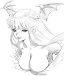 1girl bare_shoulders breasts cleavage collarbone commentary_request fujii_eishun greyscale head_wings highres large_breasts lips long_hair looking_at_viewer monochrome morrigan_aensland parted_lips simple_background smile solo upper_body vampire_(game) white_background wings 