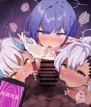  1boy 3girls ? anger_vein aoi_(blue_archive) bar_censor blue_archive blue_hair blush censored cooperative_fellatio copyright_request dark-skinned_male dark_skin duplicate fellatio gloves haine_(blue_archive) halo harem hetero highres hypnosis interracial looking_at_viewer mind_control mole mole_under_eye multiple_girls oral penis penis_in_glove pixel-perfect_duplicate pointy_ears saru_gasso short_hair sumomo_(blue_archive) testicle_sucking tongue tongue_out white_gloves 