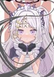  1girl absurdres ahoge alternate_costume apron black_gloves blue_archive blush closed_mouth commentary_request demon_girl demon_horns enmaided expeddddd forehead gloves hair_ornament hairclip halo hands_up highres hina_(blue_archive) horns looking_at_viewer maid maid_apron maid_headdress parted_bangs purple_eyes short_hair short_sleeves sidelocks solo tic-tac-toe white_hair 