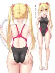  1girl absurdres arihara_nanami arm_at_side ass ass_visible_through_thighs back bare_arms bare_legs bare_shoulders barefoot blonde_hair blush breasts cameltoe closed_mouth collarbone commentary_request competition_swimsuit covered_navel cowboy_shot curvy eyelashes eyes_visible_through_hair fingernails flower from_behind frown full_body groin hair_between_eyes hair_flower hair_ornament hand_on_own_ass hand_up highleg highleg_swimsuit highres holding holding_shower_head large_breasts long_hair looking_to_the_side multiple_views ncontrail_(mgax7527) official_alternate_hairstyle one-piece_swimsuit partially_visible_vulva red_flower riddle_joker shiny_skin shower_head showering shy skin_tight standing straight-on straight_hair swimsuit thighs toenails toes translated twintails very_long_hair wet wet_clothes wet_swimsuit 