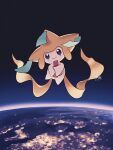  bright_pupils closed_mouth commentary_request earth_(planet) full_body happy highres holding jirachi kuchiba_(jret2454) no_humans outdoors planet pokemon pokemon_(creature) signature smile solo space white_pupils 