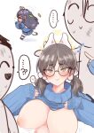  &gt;_&lt; 1girl ? ?? animal_ears arona&#039;s_sensei_doodle_(blue_archive) black_hair blue_archive blue_sweater blush breasts breasts_out clothes_lift commentary commentary_request cropped_sweater damaged fake_animal_ears flying_sweatdrops glasses grey-framed_eyewear hair_ornament halo highres inverted_nipples large_areolae large_breasts miyu_(blue_archive) moe_(blue_archive) nipples pom_pom_(clothes) pom_pom_hair_ornament puffy_nipples rabbit_platoon_(blue_archive) round_eyewear sensei_(blue_archive) shiming_liangjing sweater sweater_lift turtleneck turtleneck_sweater yellow_halo 