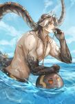  abs absurdres arknights ball bara beachball blue_sky chong_yue_(arknights) cloud dragon_boy dragon_bubble_(arknights) dragon_horns dragon_tail highres holding holding_whistle horns looking_to_the_side pectorals red_eyes sky tail topless_male wading water whistle whistle_around_neck zzhin3 