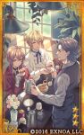  3boys ascot black_pants black_vest blonde_hair blue_ribbon box brooch brown_vest bungou_to_alchemist card_(medium) center_frills closed_mouth conan_doyle_(bungou_to_alchemist) copyright counter cowboy_shot creamer_(vessel) cup dethmath flower frills giving gloves grey_hair grey_shirt hair_between_eyes hanging_light holding holding_cup holding_saucer holding_teapot indoors izumi_kyouka_(bungou_to_alchemist) jacket jam jewelry lapels long_sleeves looking_at_another lowres male_focus medium_hair miki_rofuu_(bungou_to_alchemist) multiple_boys neck_ribbon notched_lapels official_art pants parted_bangs parted_lips picture_(object) pink_flower pink_rose plant plate profile puffy_long_sleeves puffy_sleeves purple_eyes ramekin red_ascot red_eyes red_jacket red_ribbon ribbon rose saucer scone shirt short_hair short_hair_with_long_locks sitting smile standing steam sunlight tea teacup teapot upper_body vase vest whipped_cream white_flower white_gloves white_rose white_shirt window wooden_floor 