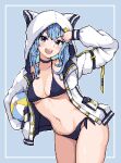  &gt;:) :d alternate_breast_size animal_ears ass ball beachball bikini black_bikini black_choker blue_eyes blue_hair breasts cat_ears choker cowboy_shot fake_animal_ears hololive hood hood_up hooded_jacket hoshimachi_suisei hoshimachi_suisei_(4th_costume) jacket long_hair medium_breasts navel official_alternate_hairstyle open_clothes open_jacket pixel_art side-tie_bikini_bottom simple_background smile star_(symbol) star_in_eye swimsuit symbol_in_eye thighs v-shaped_eyebrows virtual_youtuber white_jacket zou_eita 