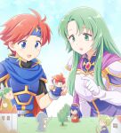  1boy 1girl blue_armor blue_eyes blue_headband bors_(fire_emblem) cecilia_(fire_emblem) doll figure fire_emblem fire_emblem:_the_binding_blade green_eyes green_hair ham_pon headband highres holding lilina_(fire_emblem) long_hair orange_hair pointing roy_(fire_emblem) tree wolt_(fire_emblem) 